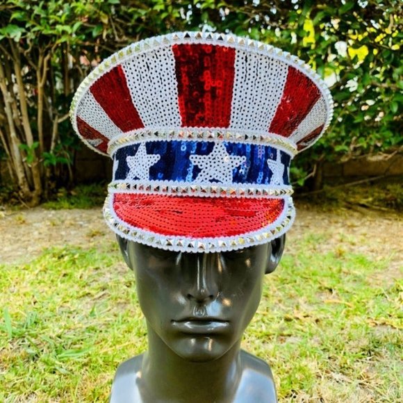 Blue Red USA / Uncle Sam Burning Man Captain Hat Music Festival Event Party Cap - Picture 1 of 3